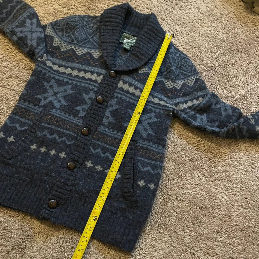 Woolrich Mens Fair Isle Shawl Collar Cardigan Wool Blend Sweater Grey Blue S